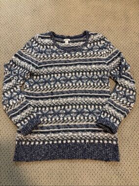 L.L. Bean Chunky Knit 100% Cotton Striped Sweater Blue White New England Preppy